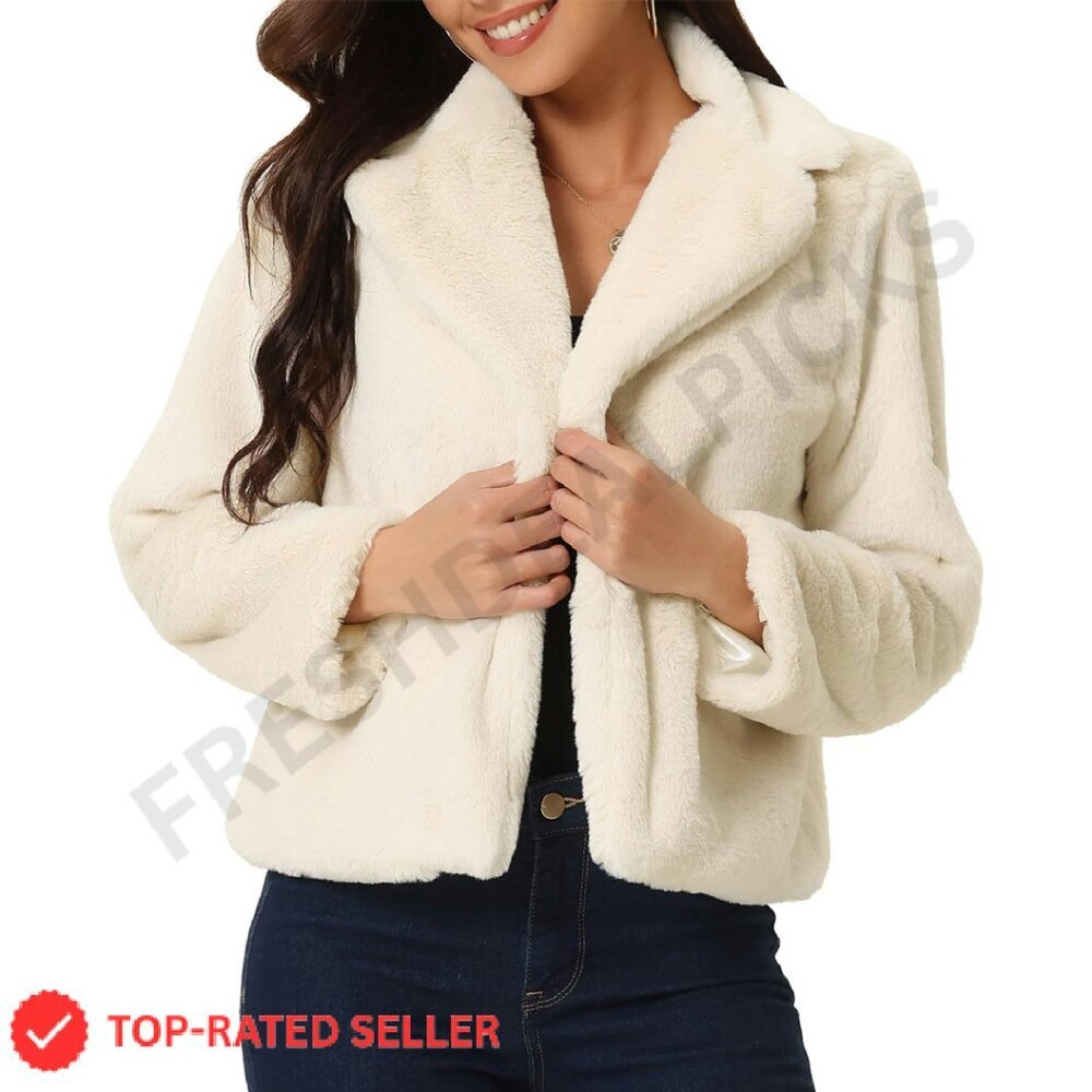 Cropped Faux Fur Coat Fluffy Open Front Jacket Notch Lapel Chic Winter